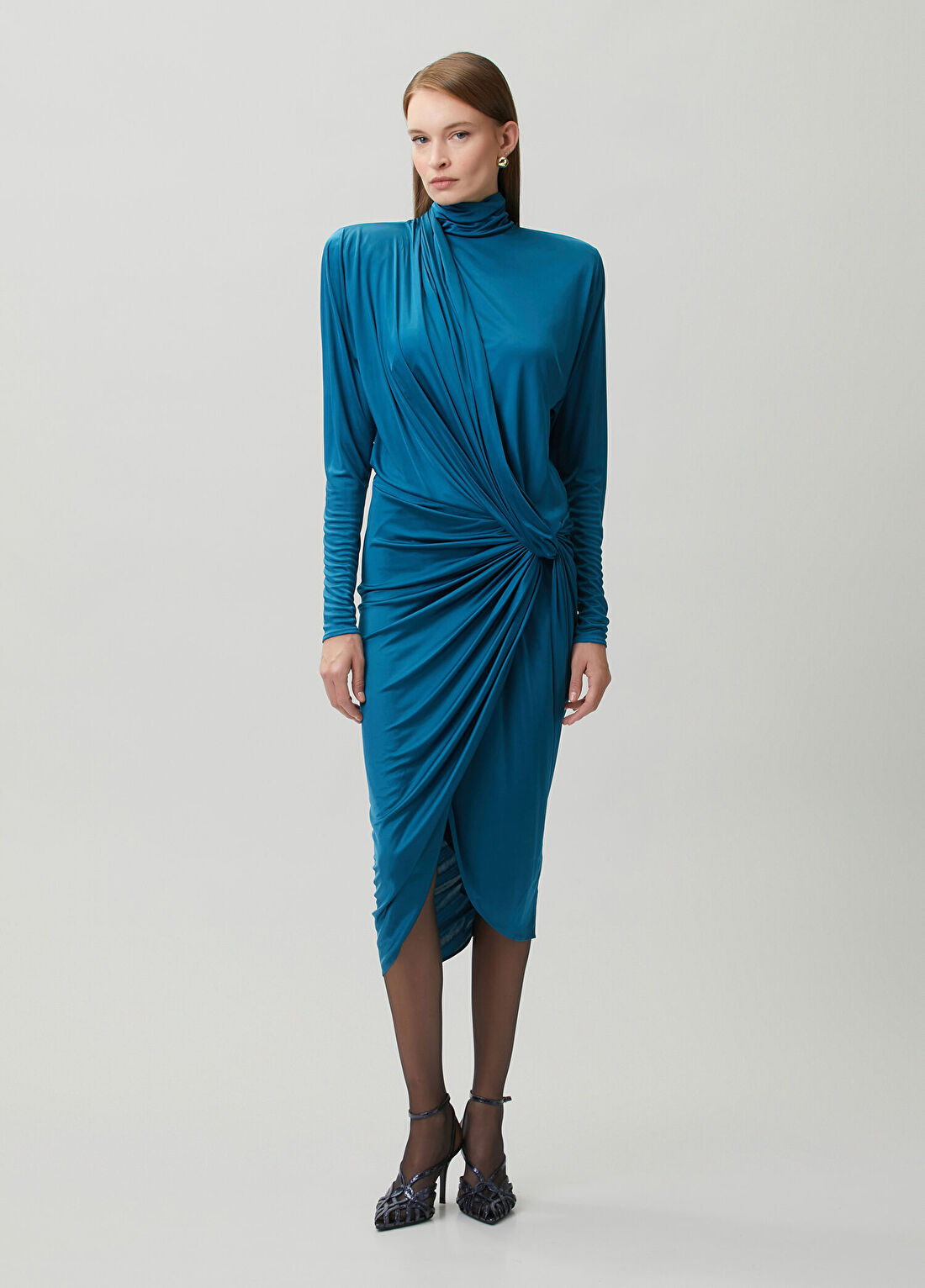 Balmain Mavi Drapeli Midi Jersey Elbise