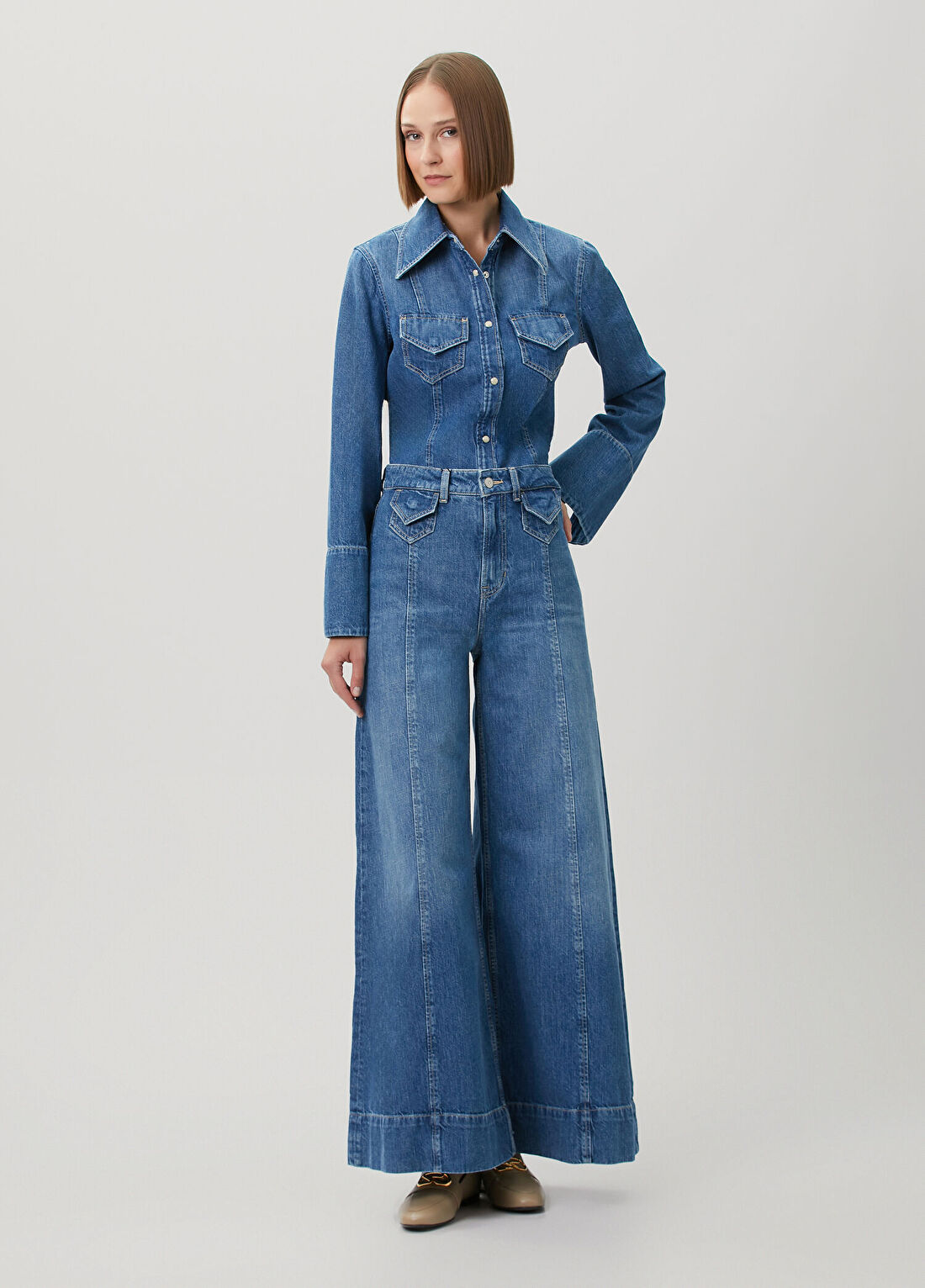 Boss Koyu Mavi Wide Leg Jean Pantolon