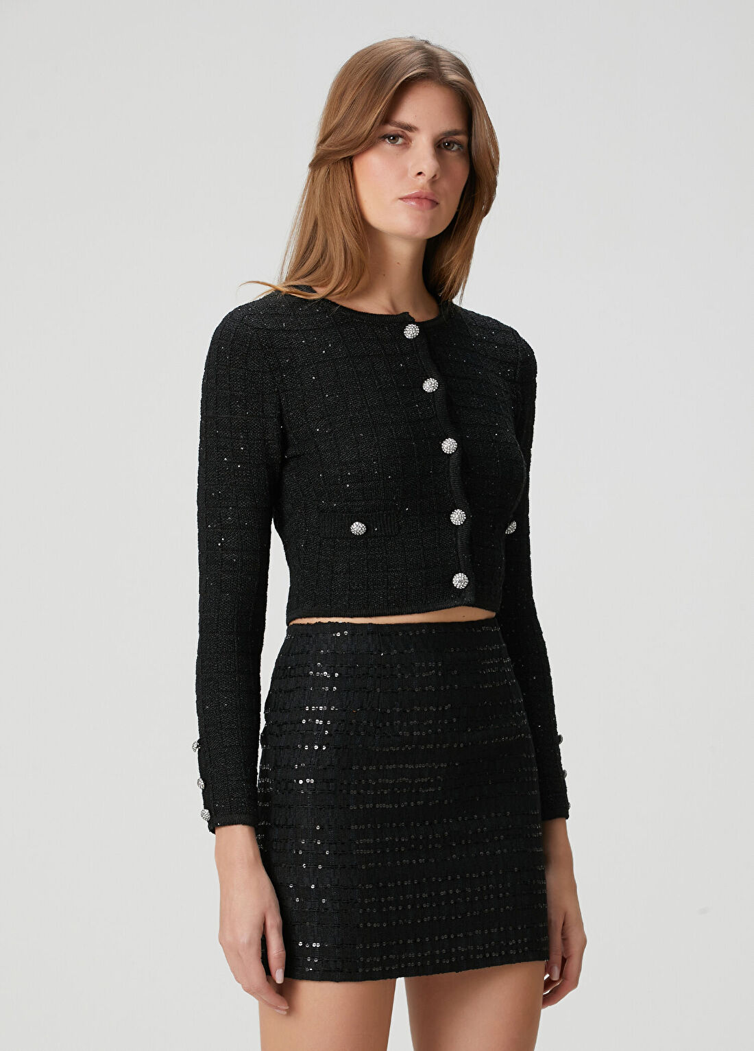 Alessandra Rich Siyah Crop Tweed Hırka görsel 3