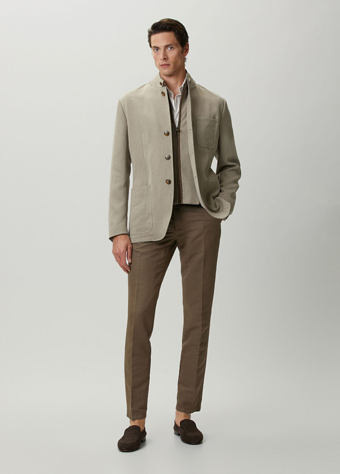 Canali Koyu Bej Keten Pantolon