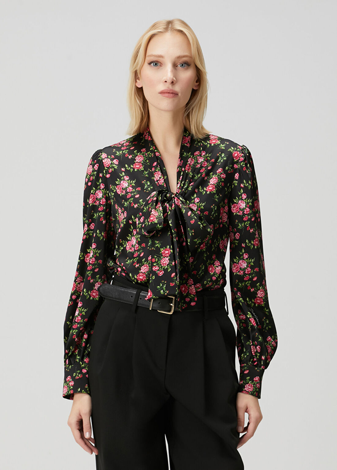 Dolce&Gabbana Siyah Çiçekli İpek Saten Gömlek