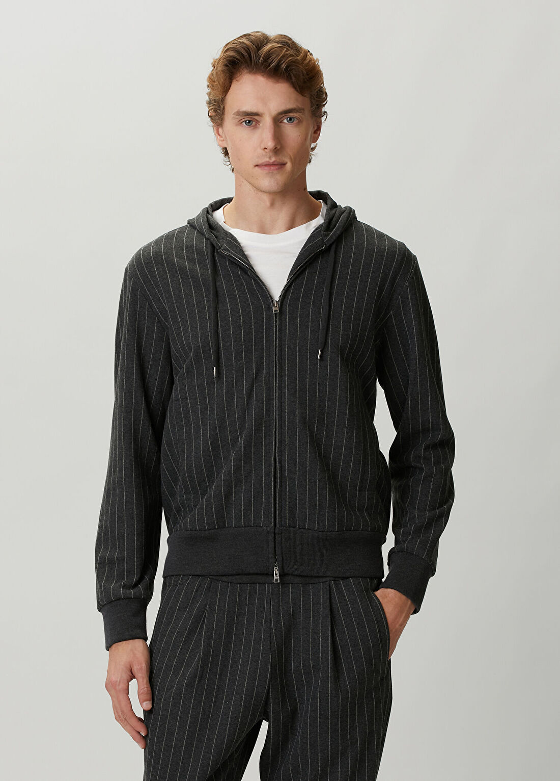 Herno Koyu Gri Kapüşonlu Çizgi Desenli Sweatshirt