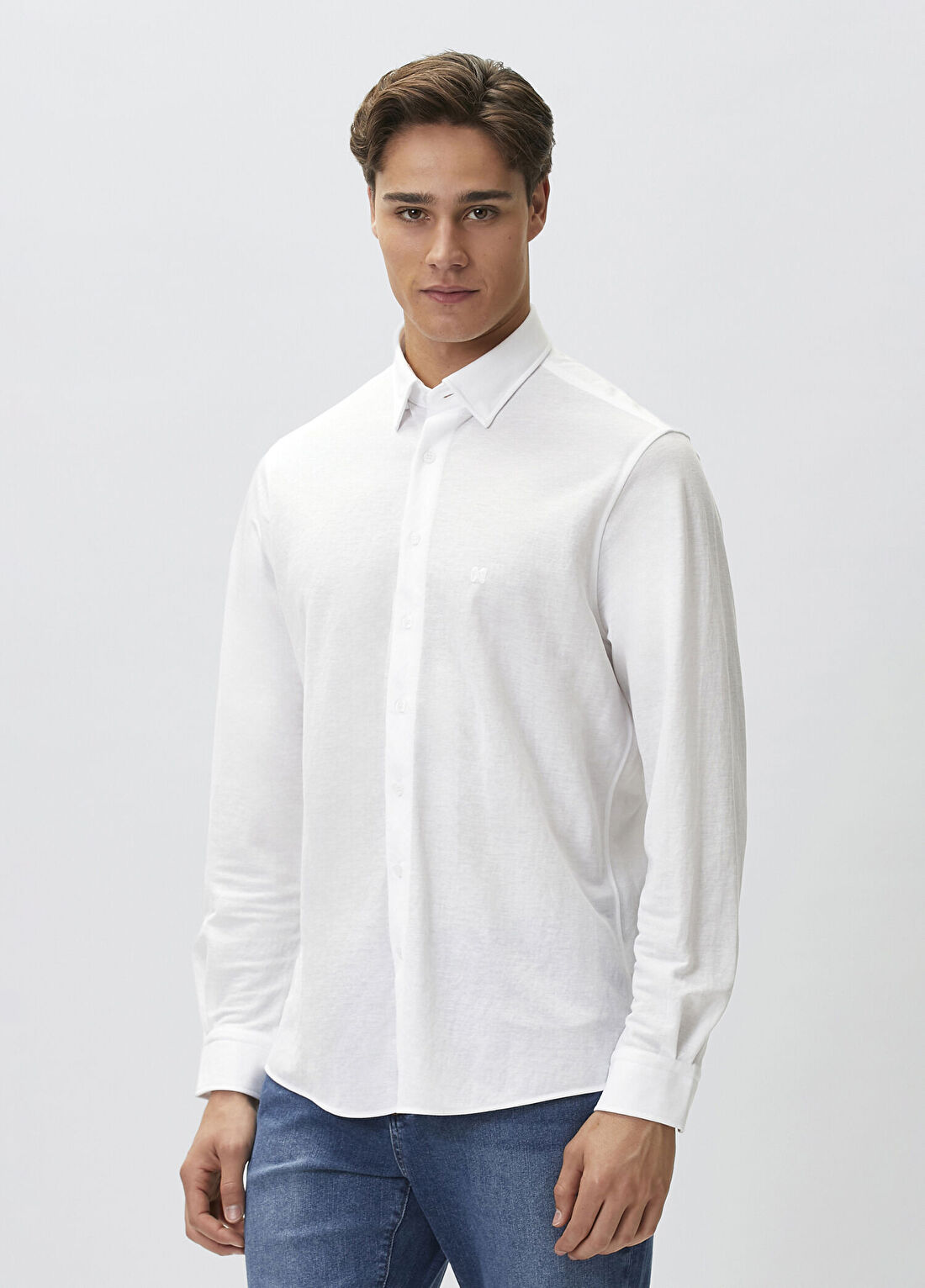 Network Slim Fit Beyaz Uzun Kol Örme Gömlek görsel 4