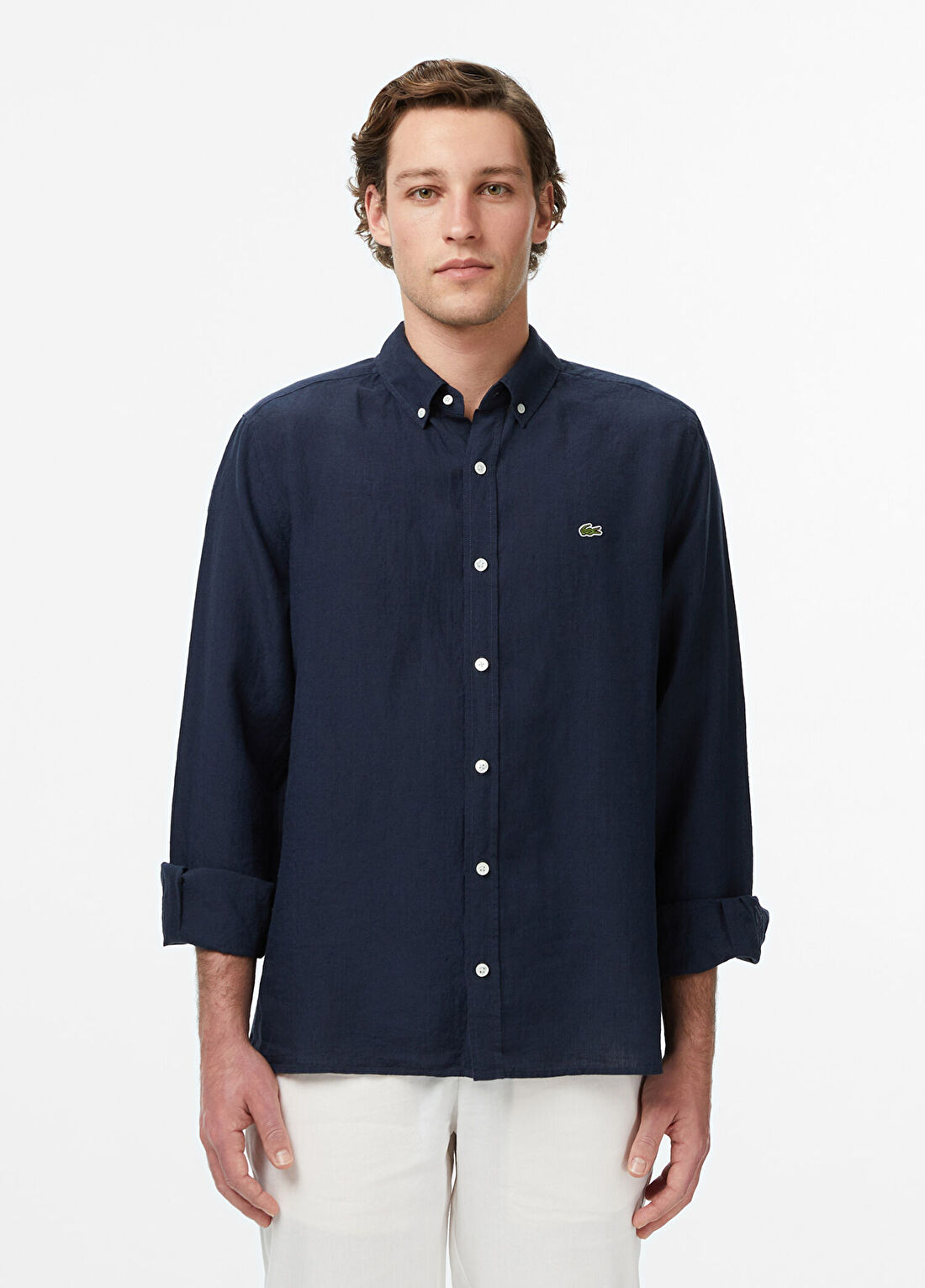 Lacoste Regular Fit Düğmeli Yaka Keten Lacivert Erkek Gömlek