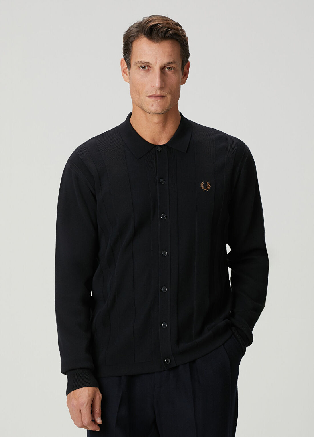 Fred Perry Siyah Polo Yaka Çizgi Jakarlı Triko Gömlek