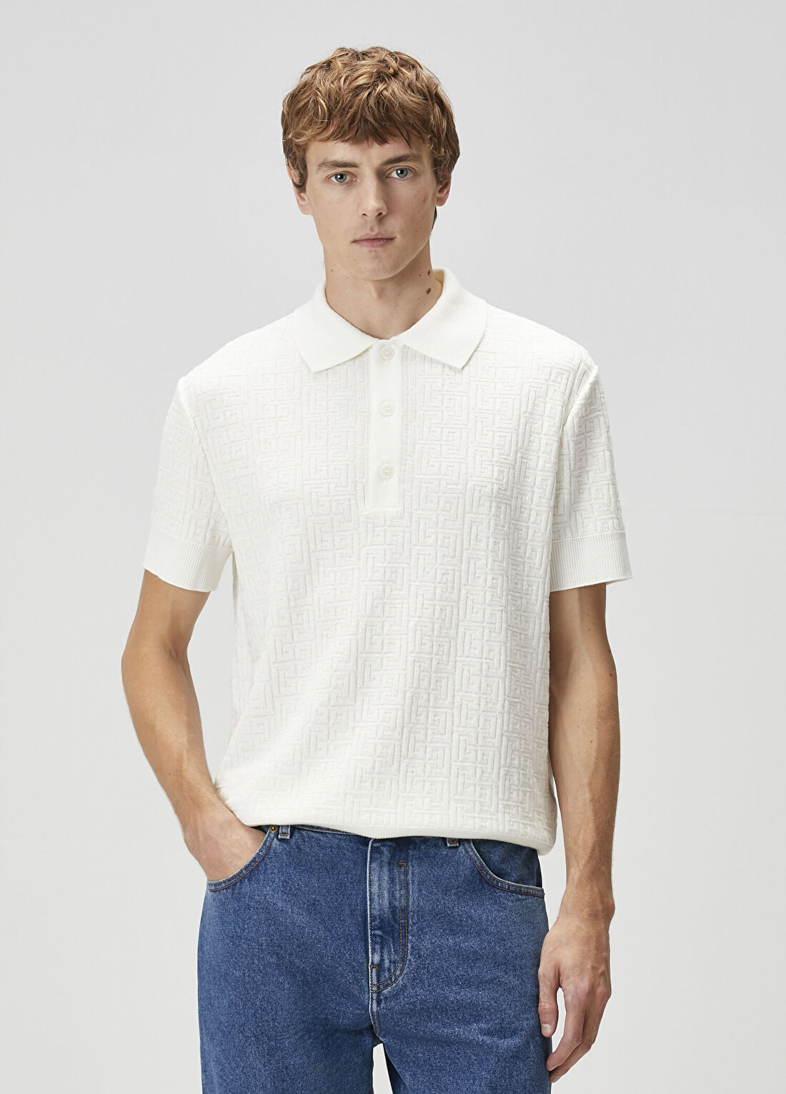 Balmain Beyaz Polo Yaka Logo Motifli Kısa Kollu Yün Triko