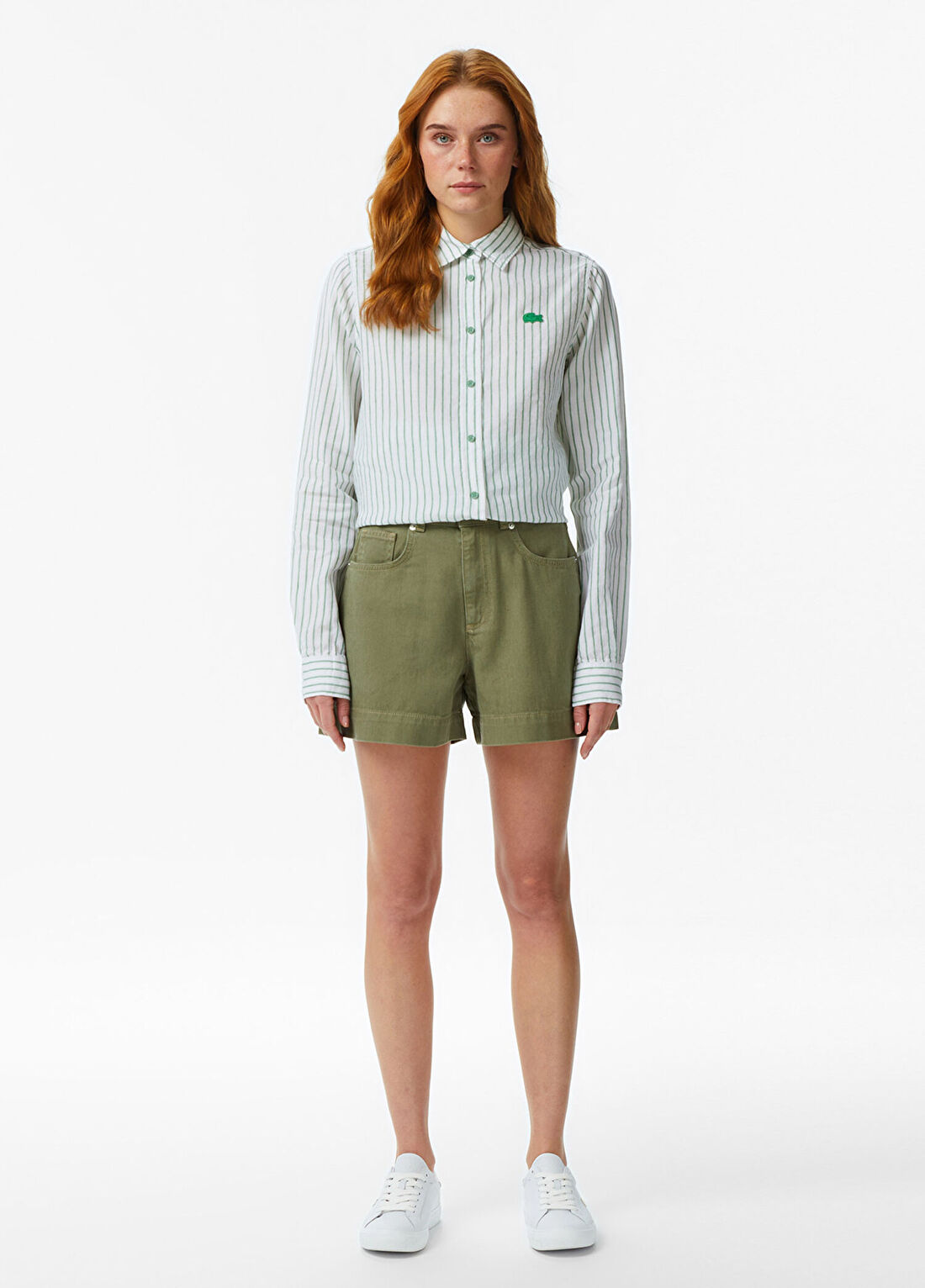 Lacoste Yeşil Çizgili Keten Relaxed Fit Uzun Kollu Kadın Gömlek görsel 4