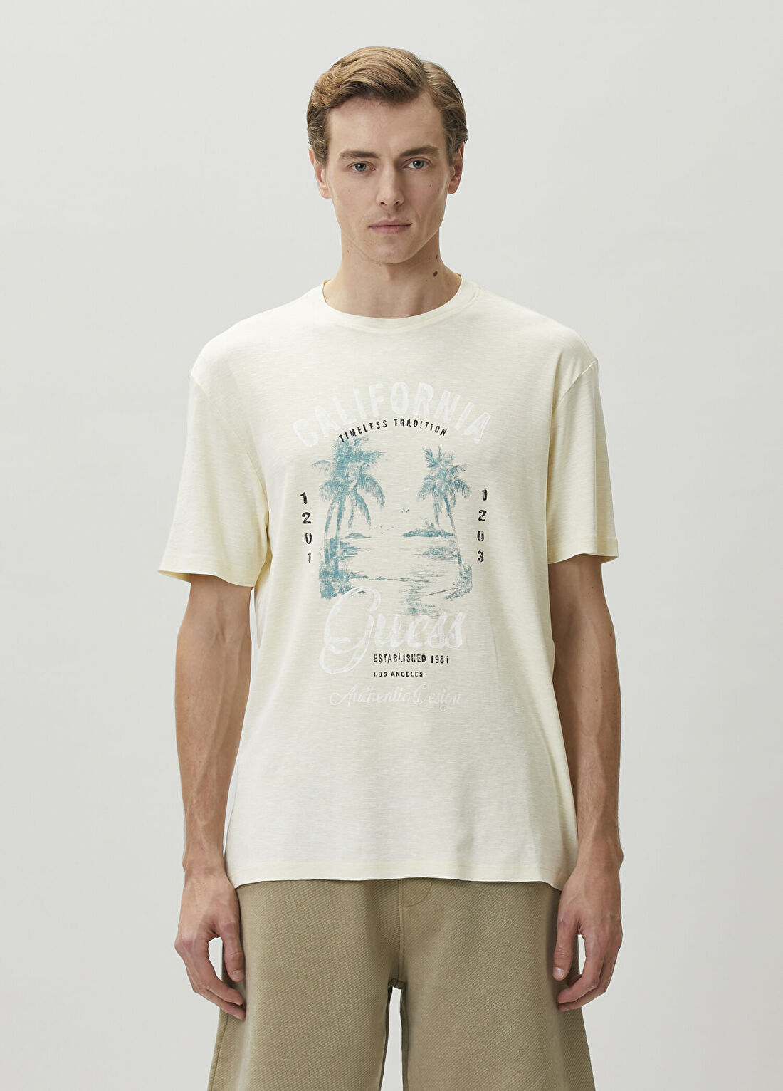Guess Regular Fit Slub Sarı T-shirt
