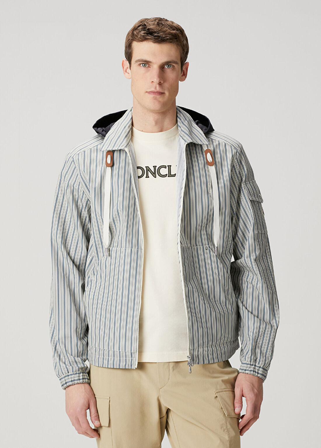 Moncler Mavi Kapüşonlu Çizgi Desenli Dış Gömlek