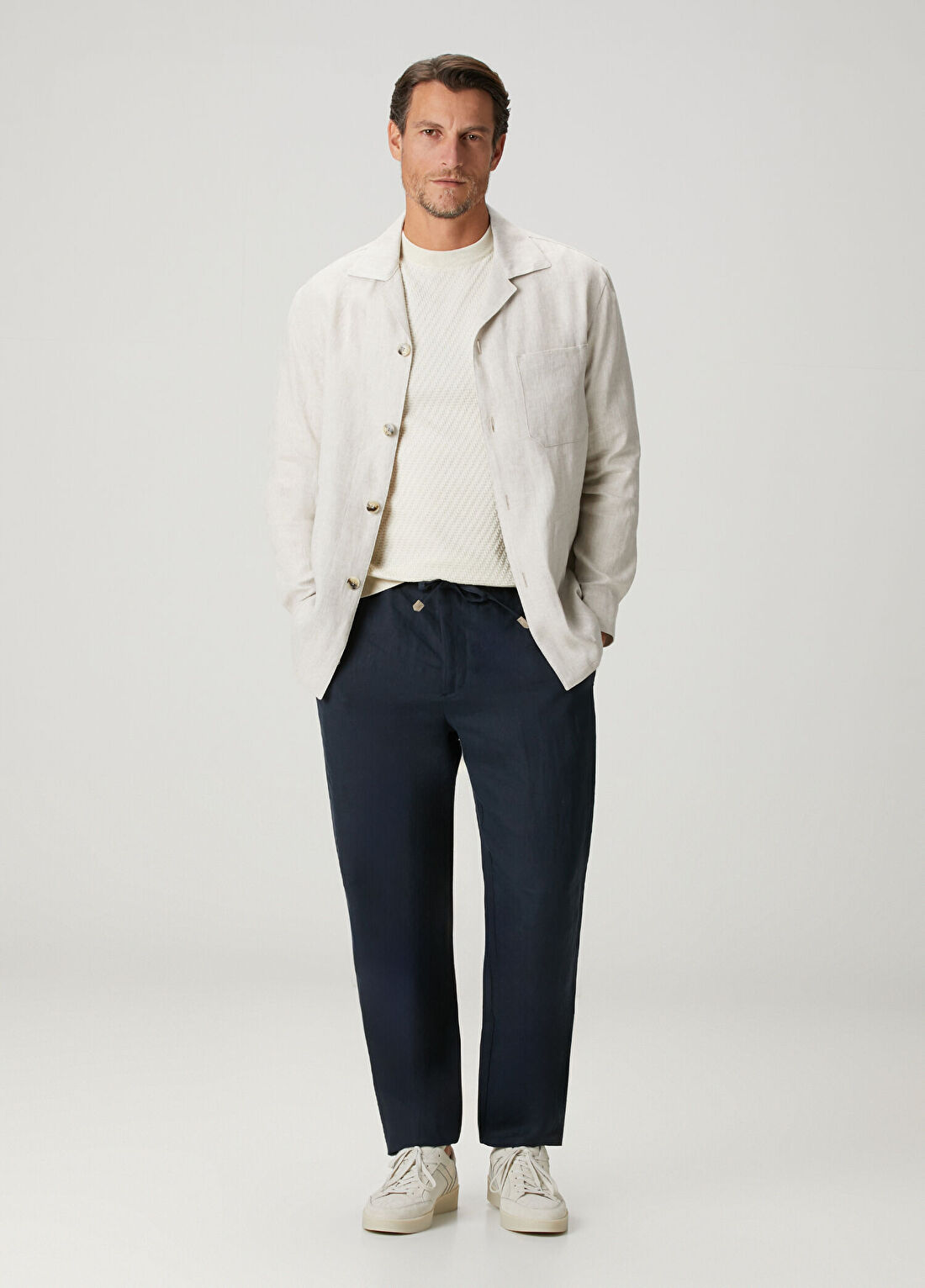 Canali Lacivert Beli Kordonlu Keten Pantolon