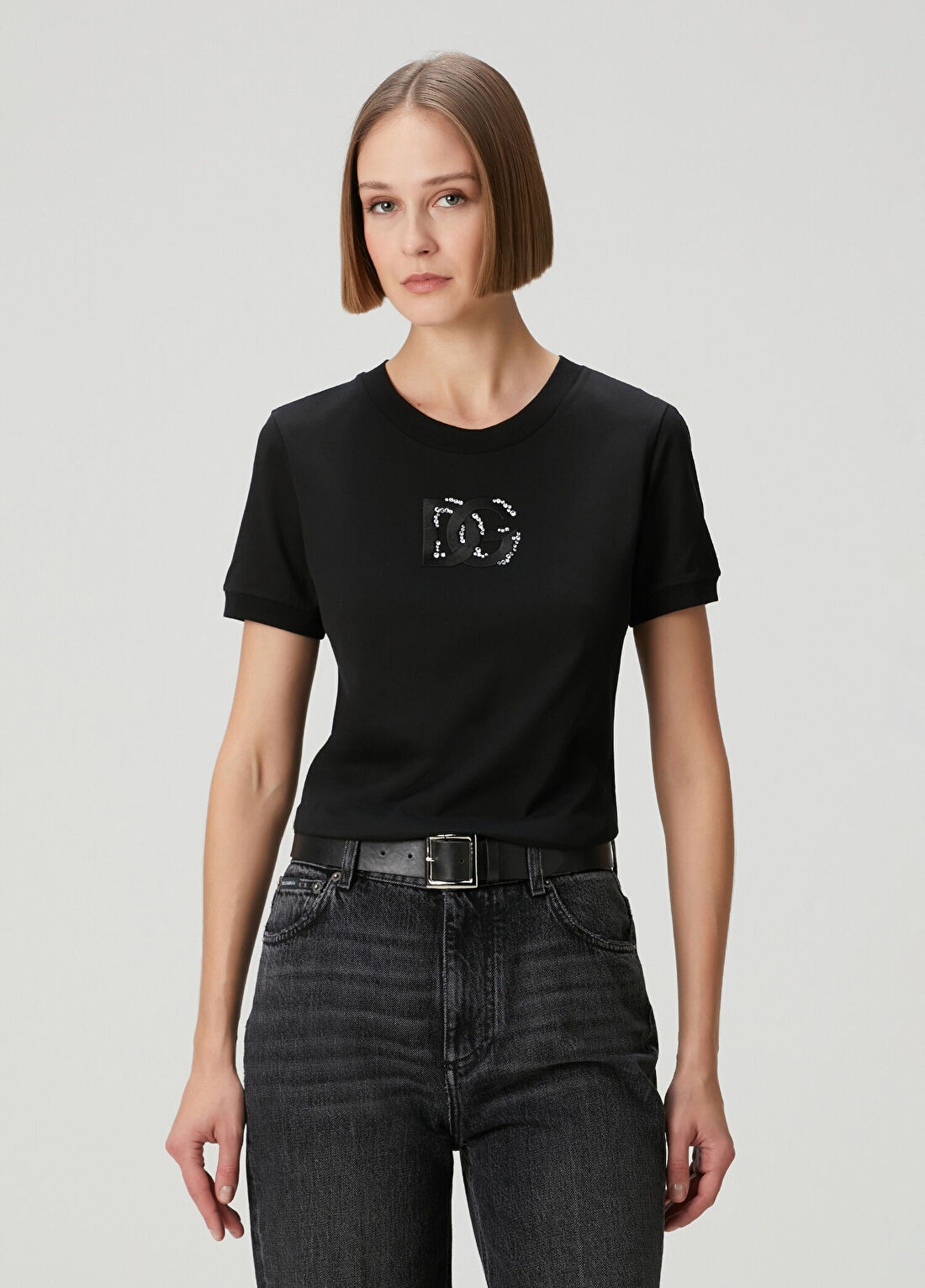 Dolce&Gabbana Siyah Taşlı Logolu T-shirt