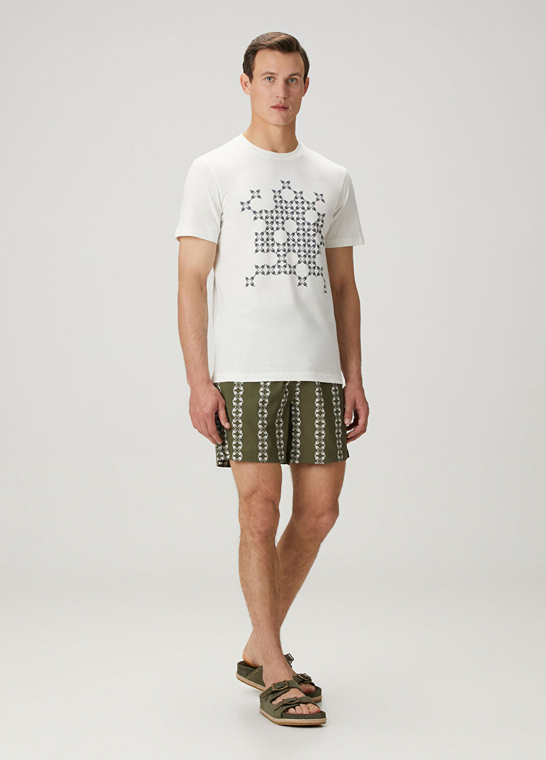 Bernotti Krem Grafik Baskılı Basic T-shirt görsel 2