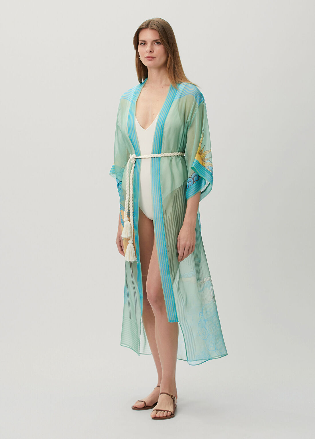 Jaquette Jilda Lenny Yeşil Desenli İpek Kimono