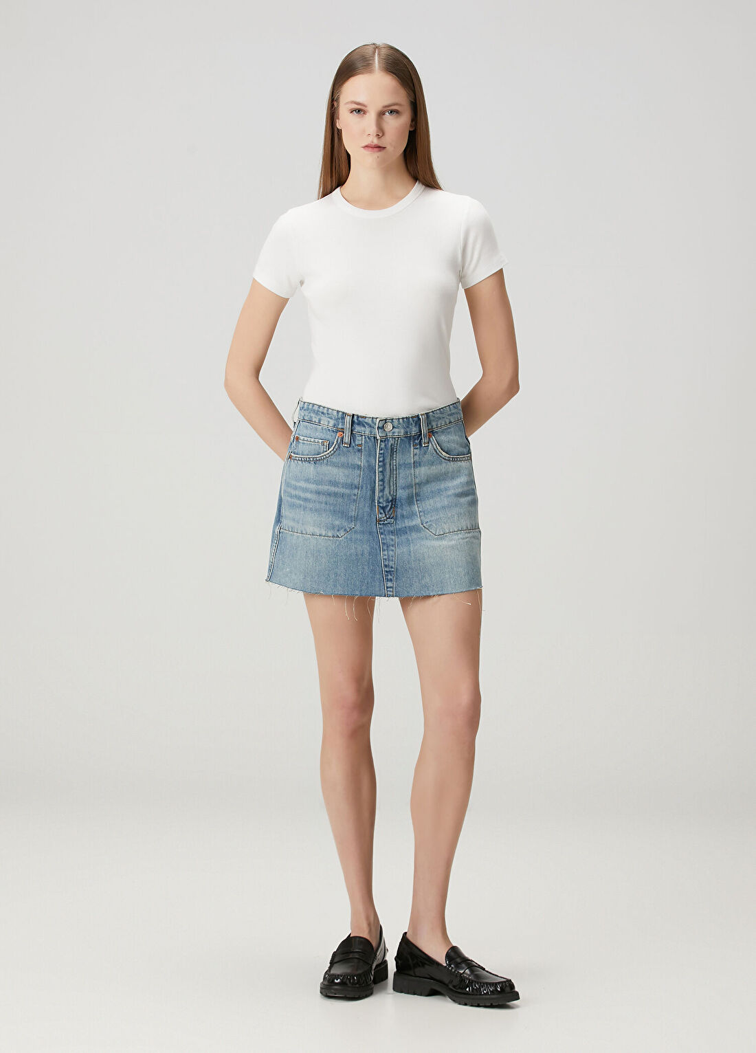 Re/Done Mavi Haki Çift Taraflı Mini Denim Etek