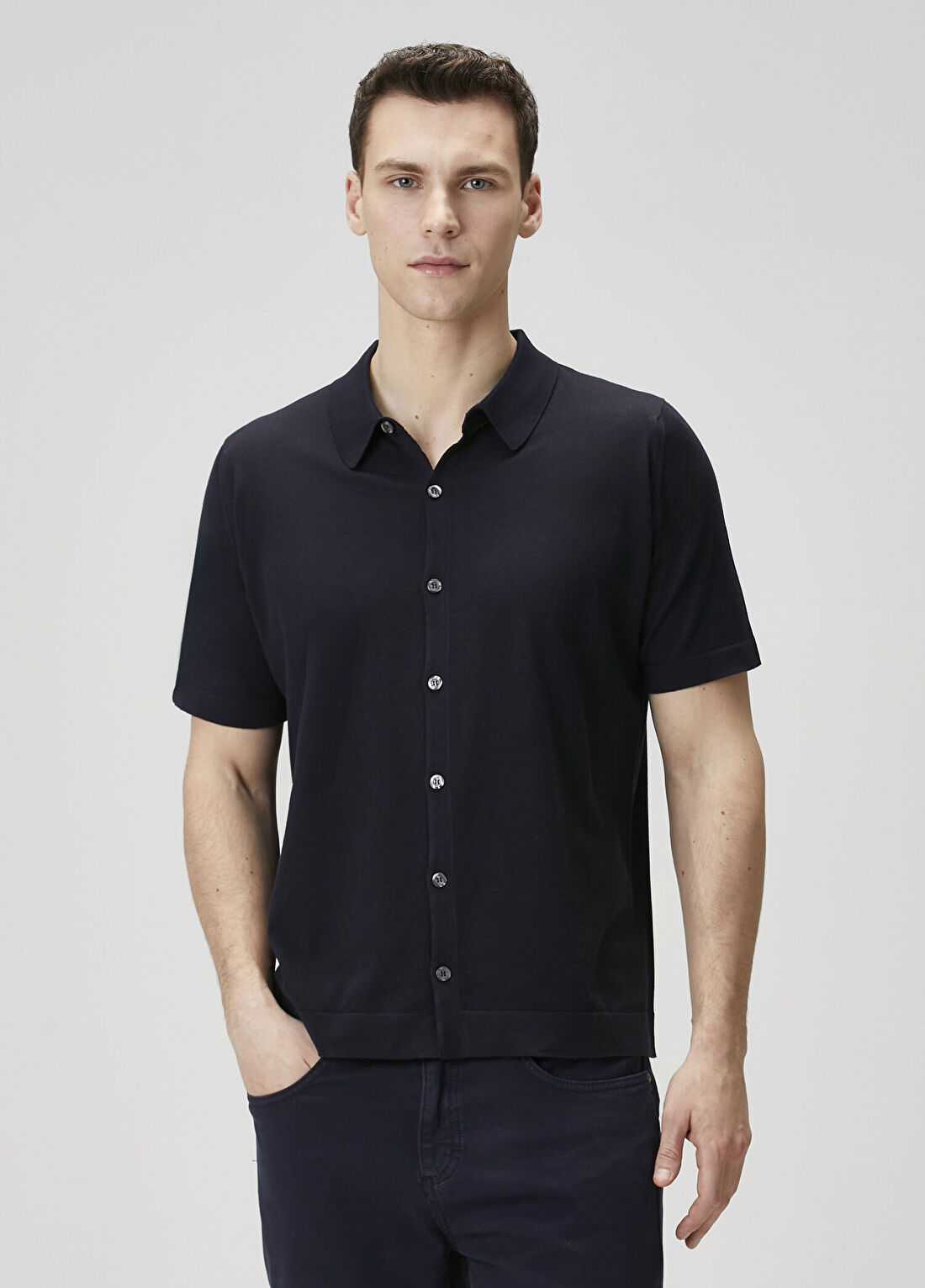 John Smedley Lacivert Kısa Kollu Triko Gömlek