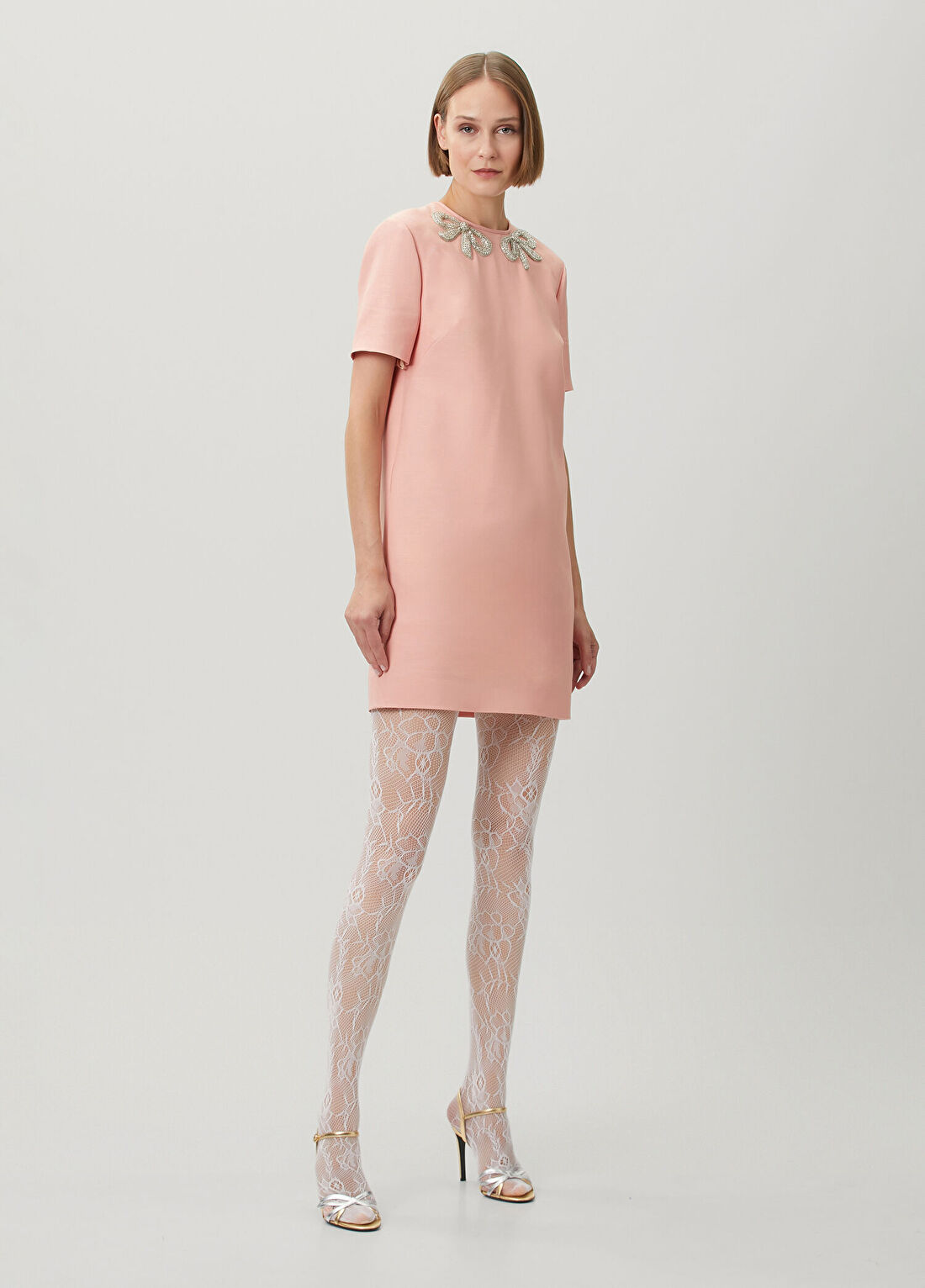 Valentino Pembe İşlemeli Mini Yün Elbise