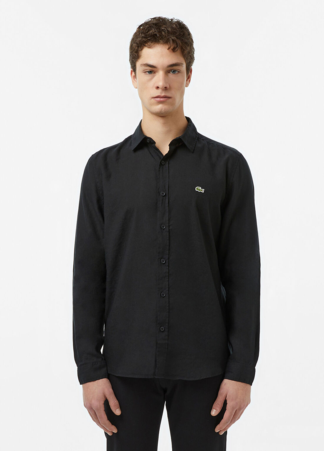 Lacoste Siyah Keten Regular Fit Uzun Kollu Erkek Gömlek