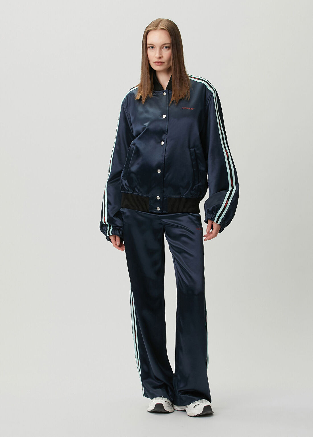 Off-White Lacivert Wide Leg Saten Pantolon