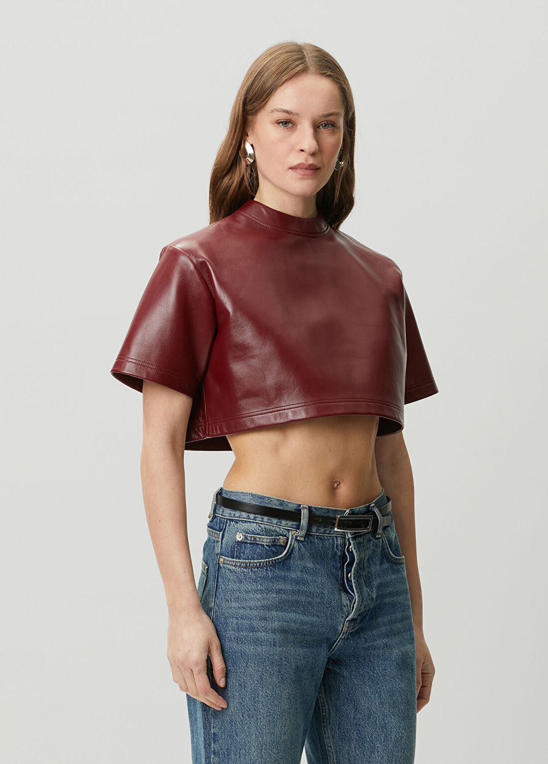 Balenciaga Bordo Crop Deri Bluz görsel 3