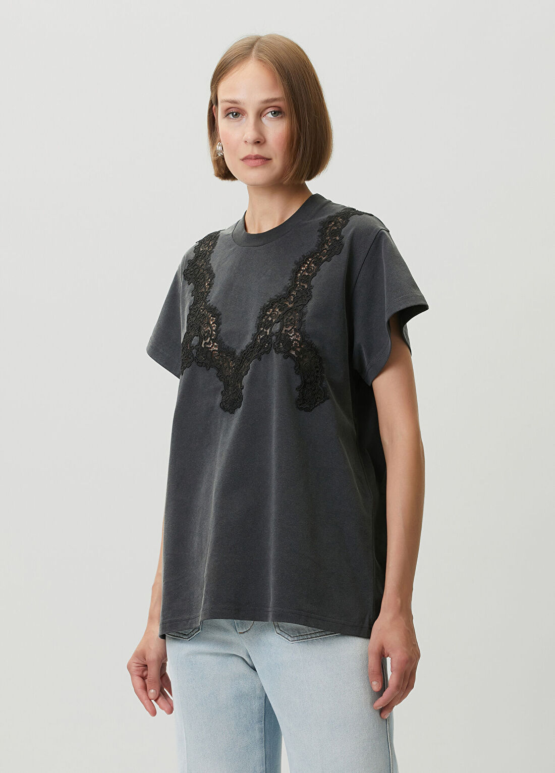 Stella McCartney Antrasit Dantel Garnili T-shirt görsel 3