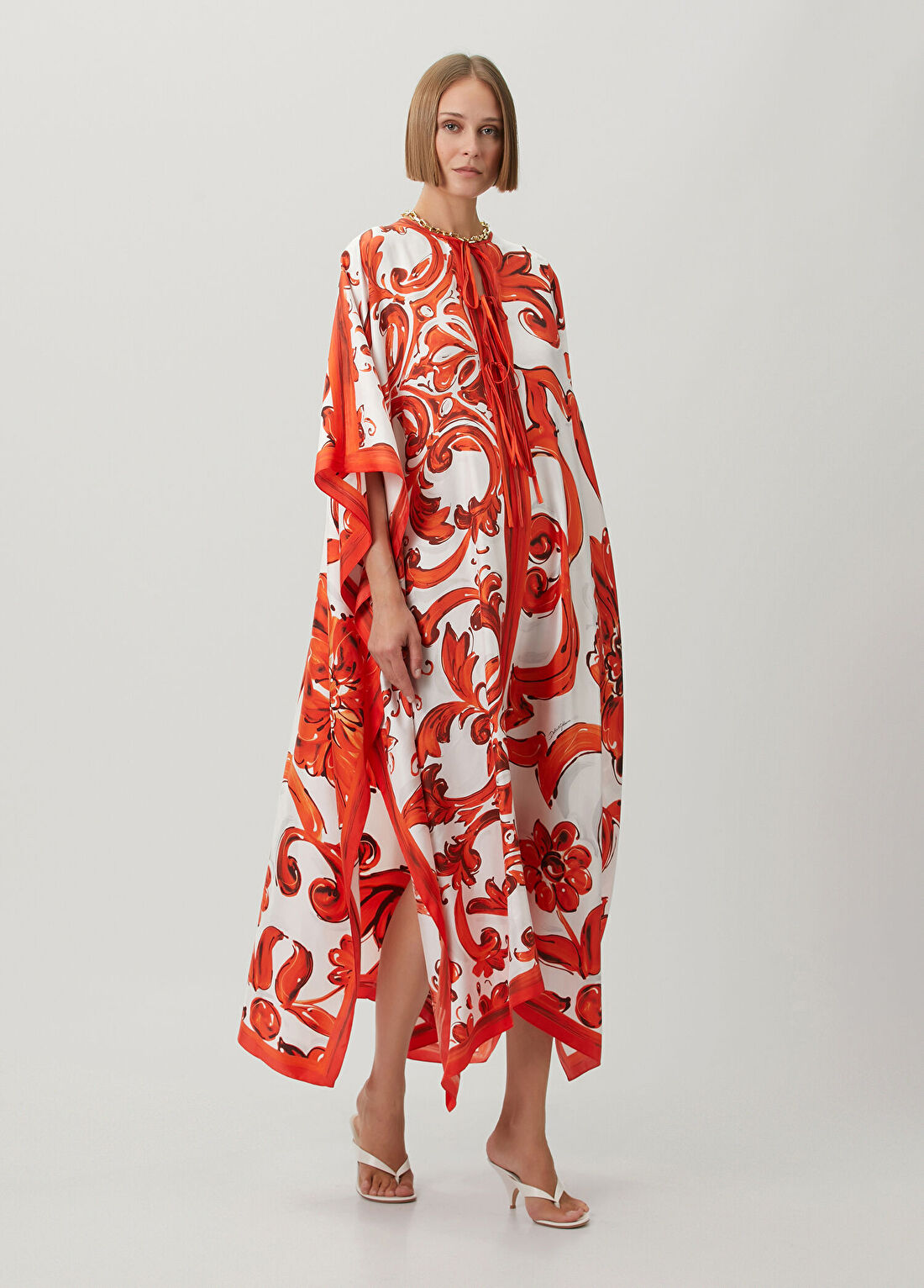 Dolce&Gabbana Majolica Turuncu Beyaz İpek Kaftan Elbise görsel 2