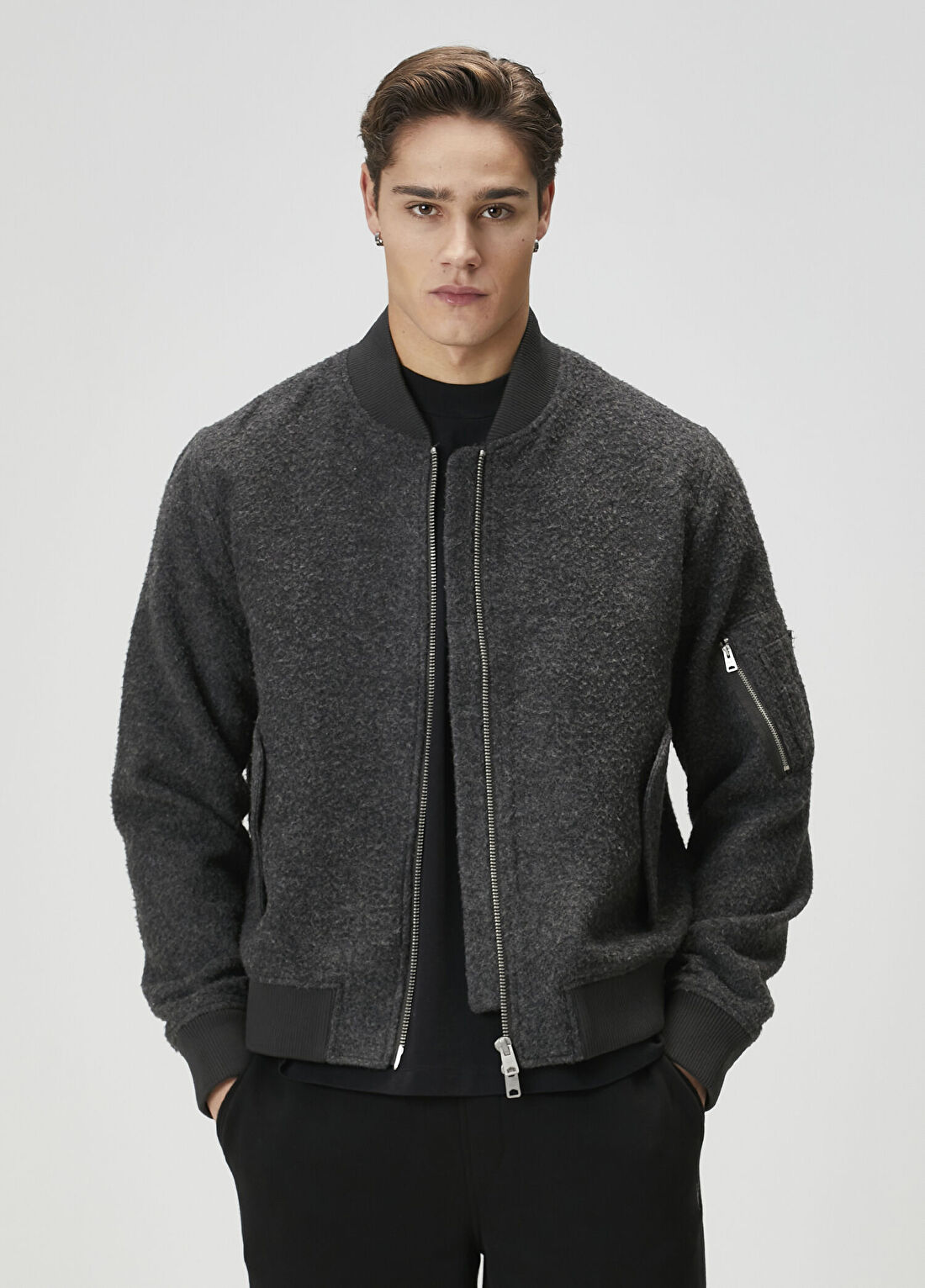 AllSaints Saku Koyu Gri Yün Bomber Mont