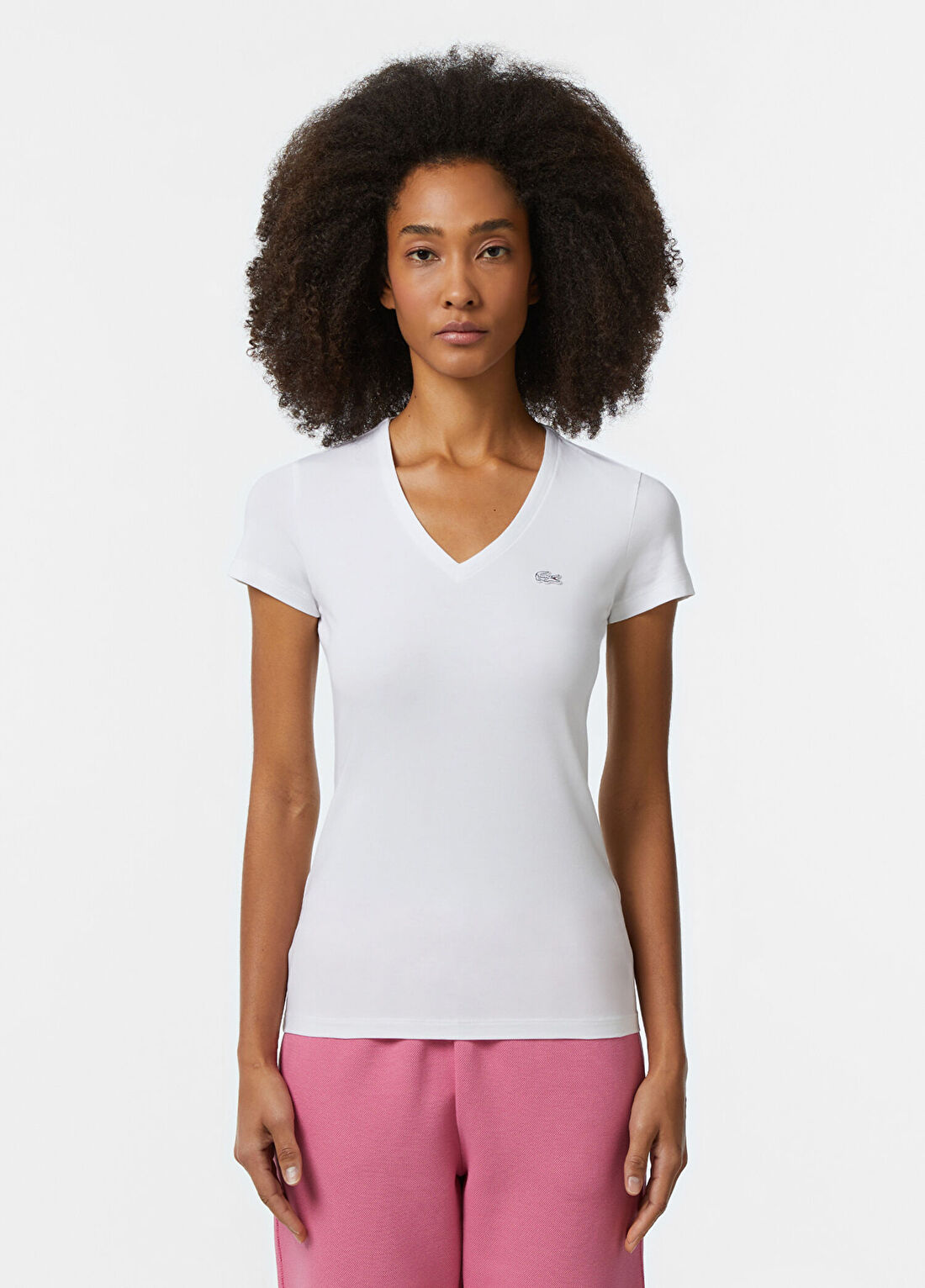 Lacoste Beyaz V Yaka Slim Fit Kısa Kollu Kadın T-Shirt
