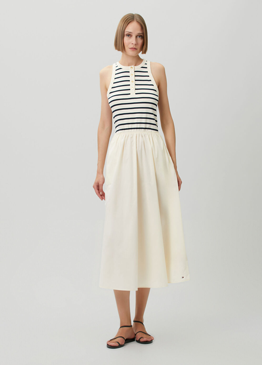 Tommy Hilfiger Bej Çizgili Midi Poplin Elbise