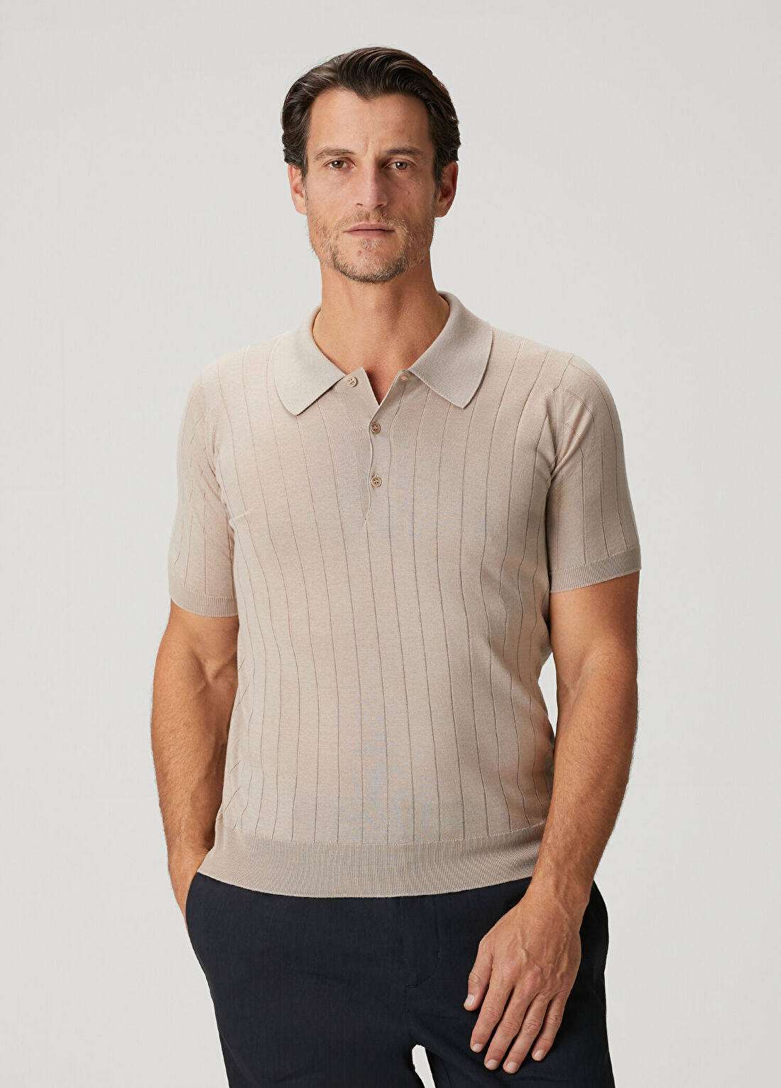John Smedley Willi Bej Polo Yaka Çizgili Kısa Kollu Yün Triko