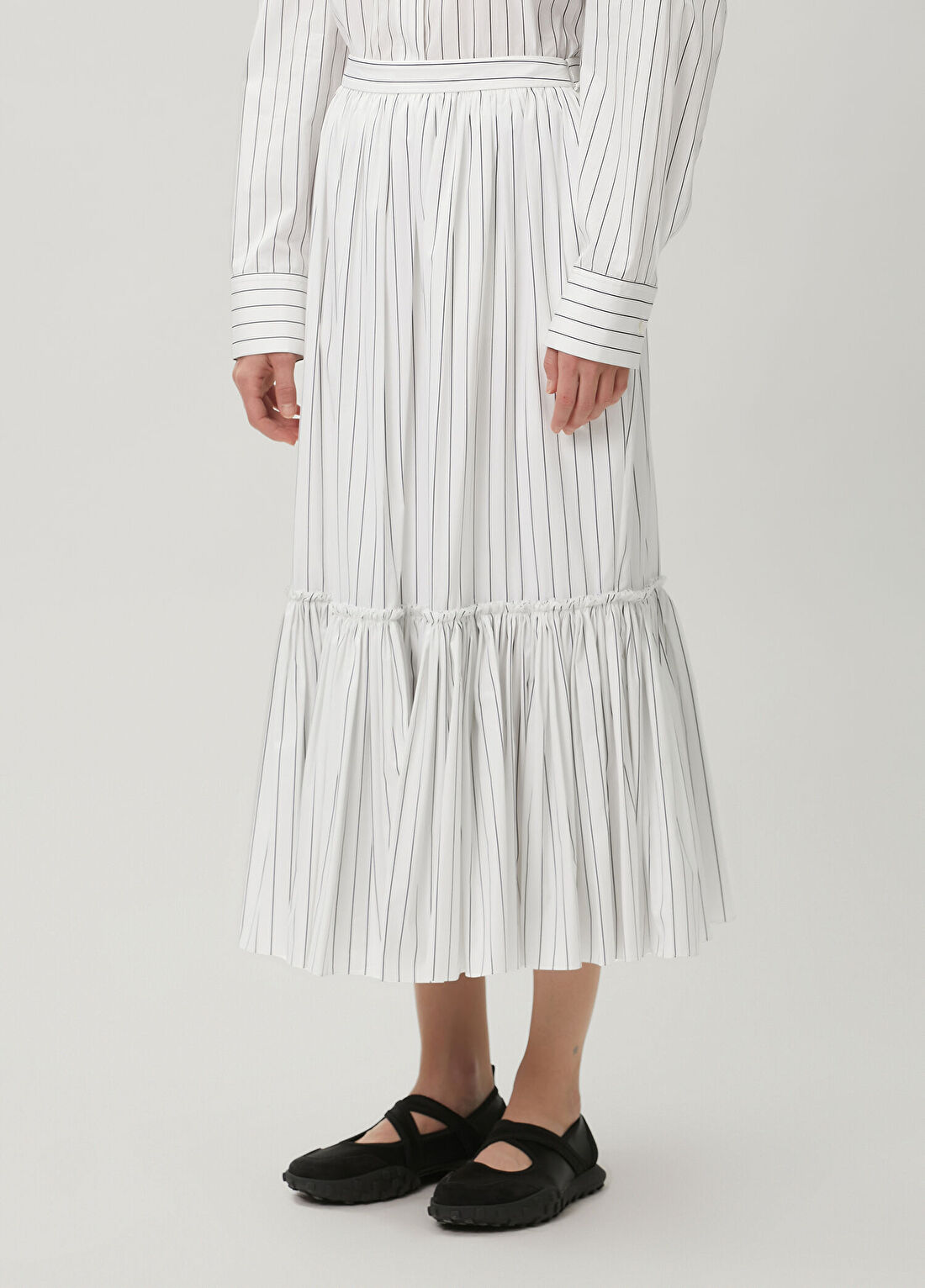 Jil Sander Beyaz Çizgili Midi Etek görsel 2