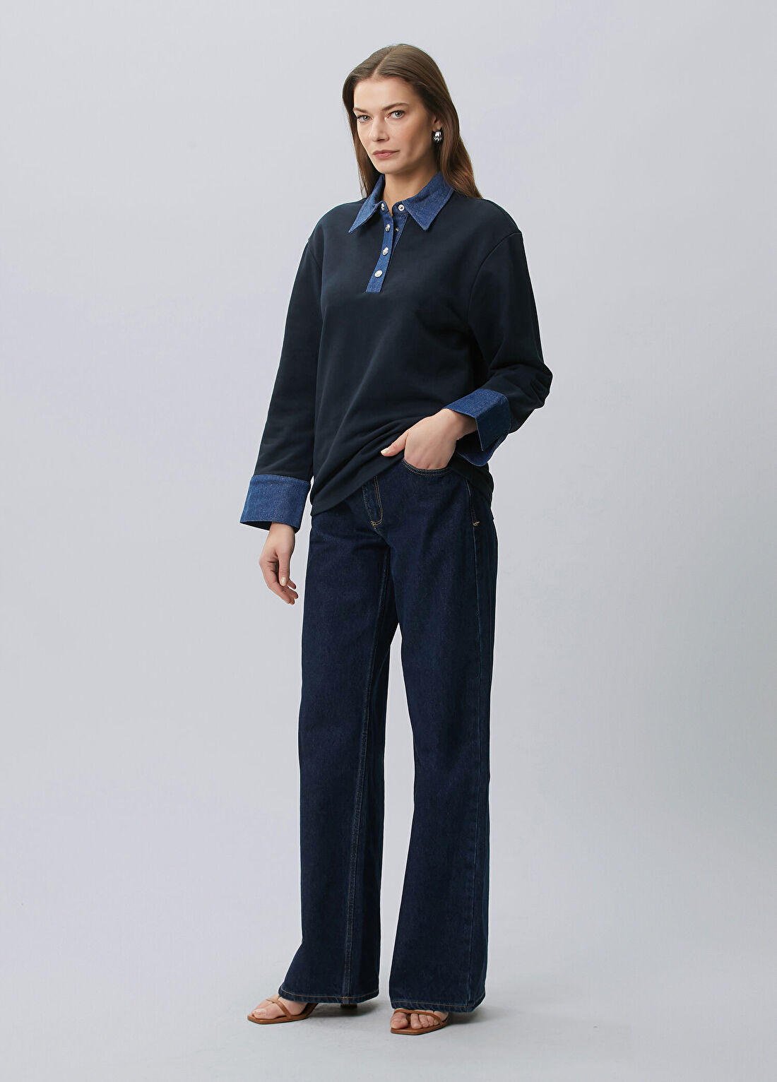 Beymen Collection Lacivert Denim Garnili Polo Sweatshirt görsel 3