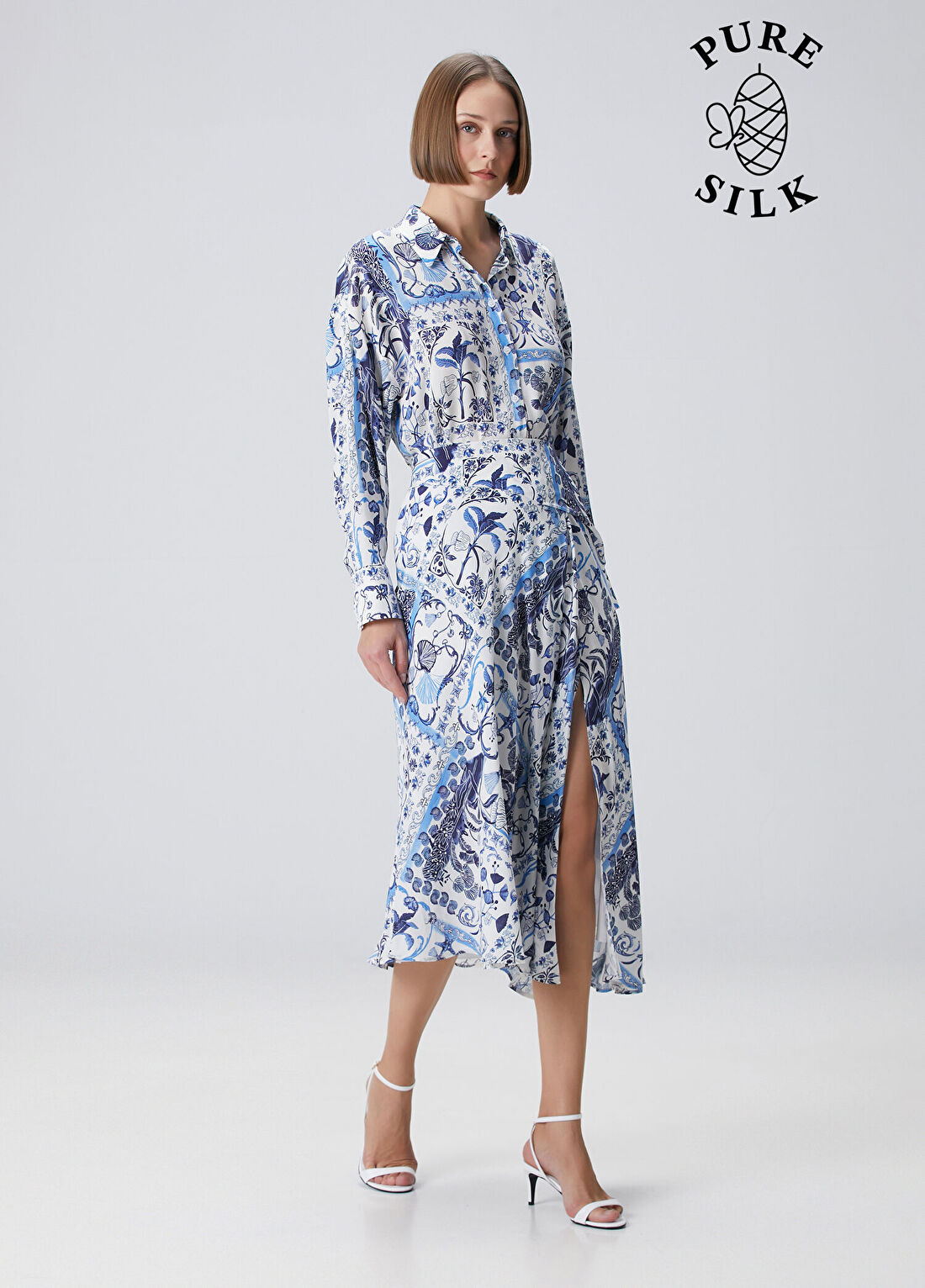 Beymen Collection Lacivert Beyaz Desenli Midi İpek Etek