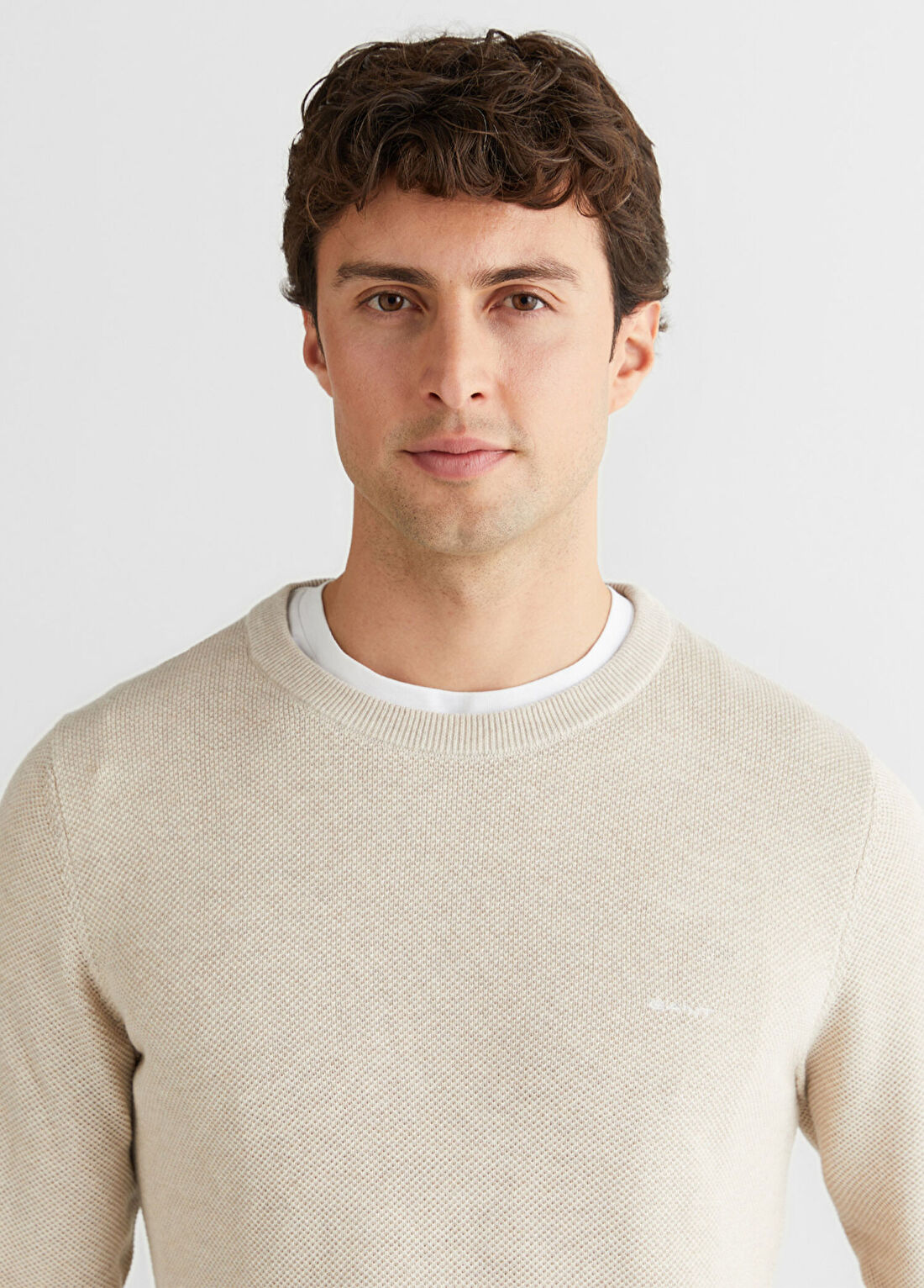 Gant Bej Regular Fit Bisiklet Yaka Uzun Kollu Erkek Triko Kazak görsel 4