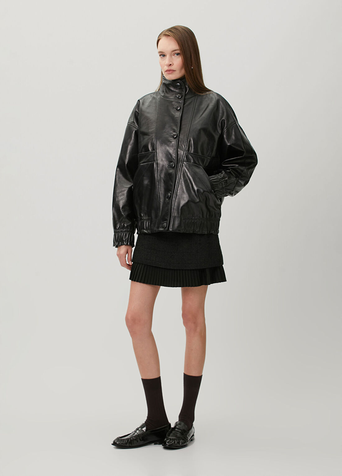 Sandro Kim Oversized Siyah Deri Ceket görsel 2