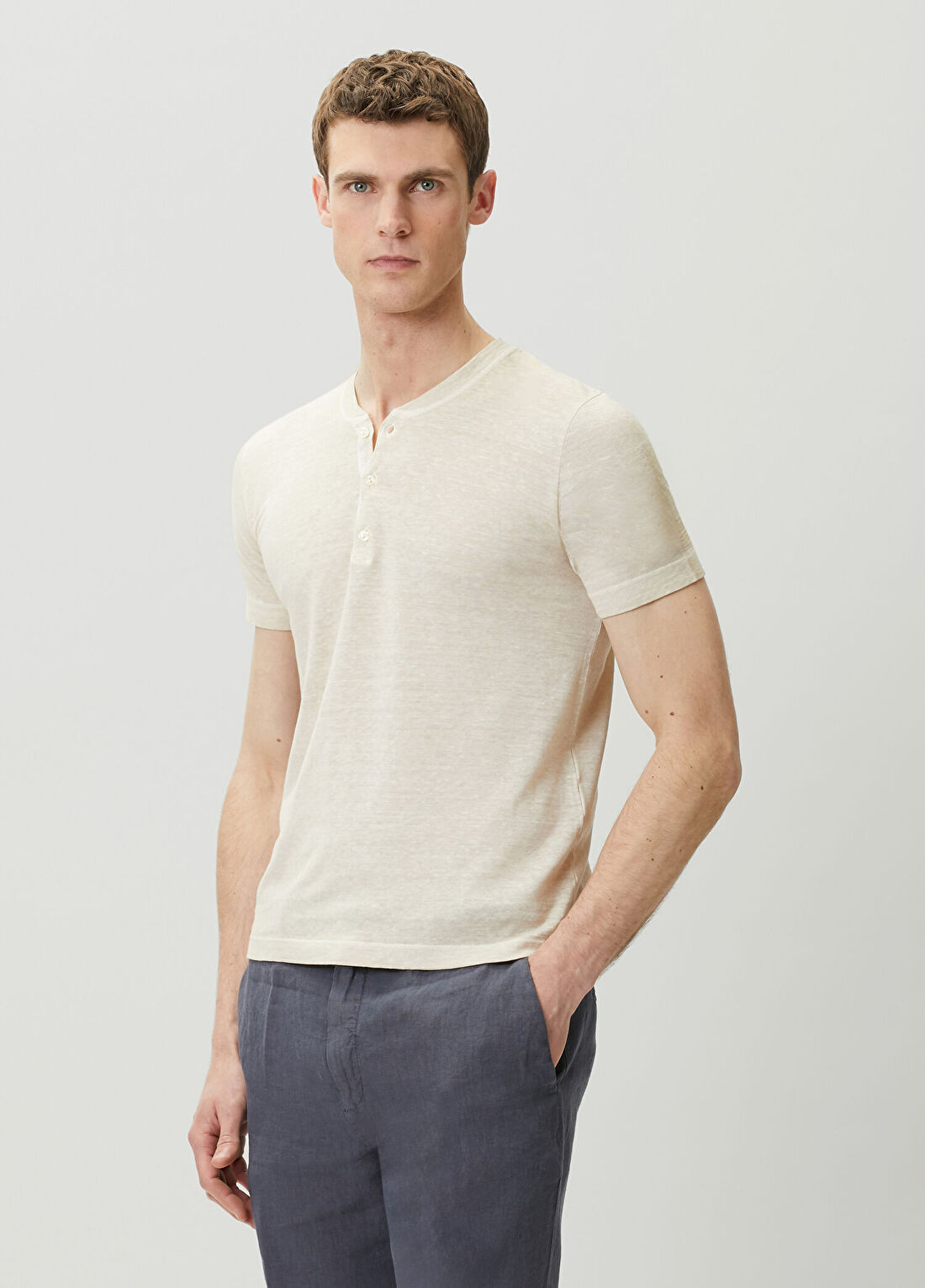 120% Lino Ekru Keten T-shirt görsel 3