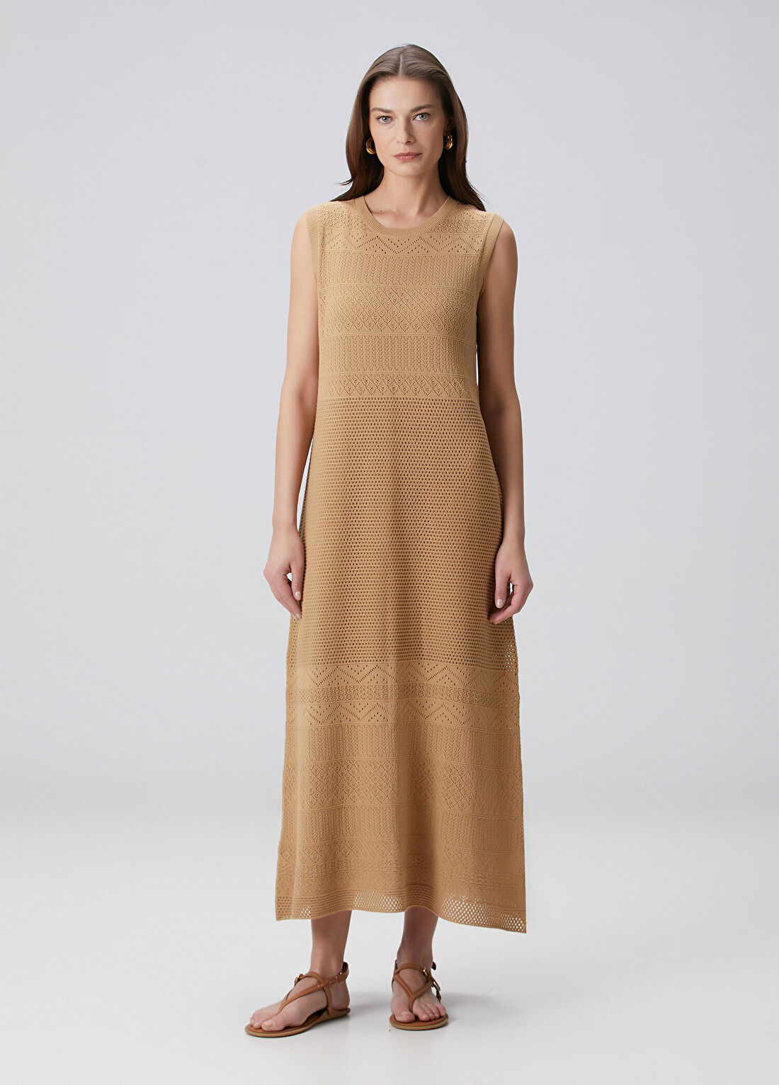 Beymen Collection Bej Ajurlu Midi Koton Triko Elbise görsel 4