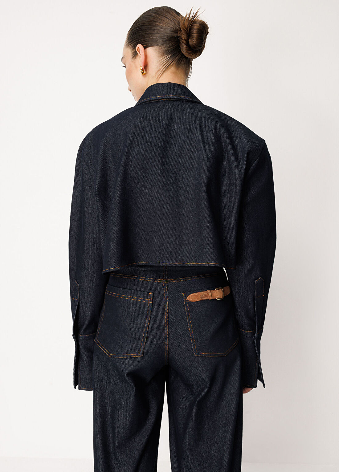 Wabi Sabi No5 Lacivert Denim Süet Detaylı Uzun Kollu Kadın Gömlek görsel 3