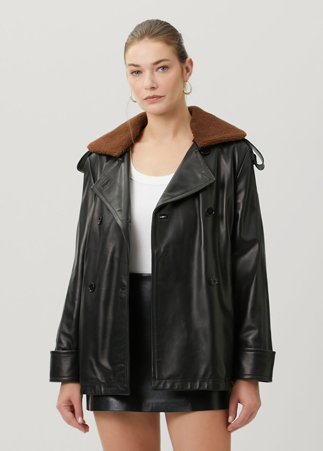 Salvatore Santoro Siyah Shearling Yaka Kruvaze Deri Ceket