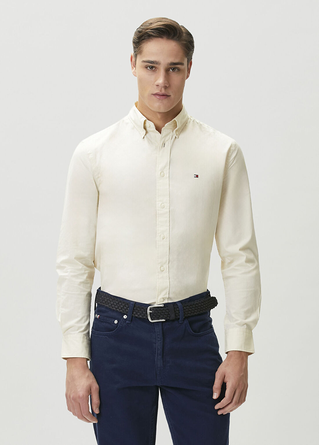 Tommy Hilfiger Flex Bej Logo Nakışlı Gömlek
