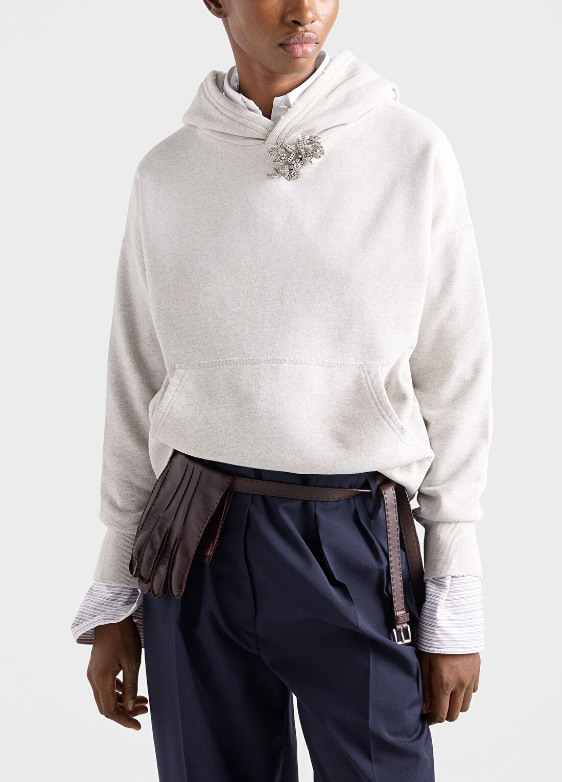 Prada Gri Pamuklu Polar Taş Broşlu ve Kapüşonlu Kadın Sweatshirt görsel 4