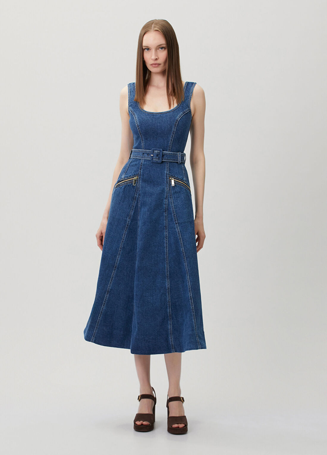Self Portrait Mavi Kemerli Kloş Midi Denim Elbise