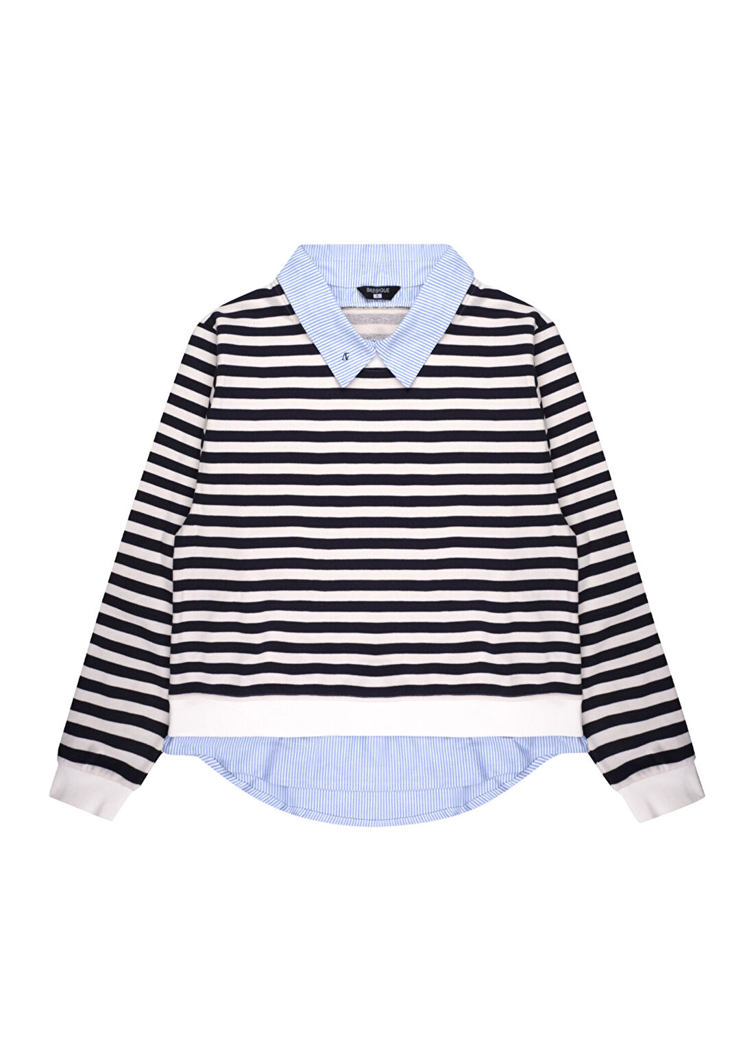 Bassigue Lacivert Çizgili Gömlek Katmanlı Uzun Kollu Kadın Sweatshirt