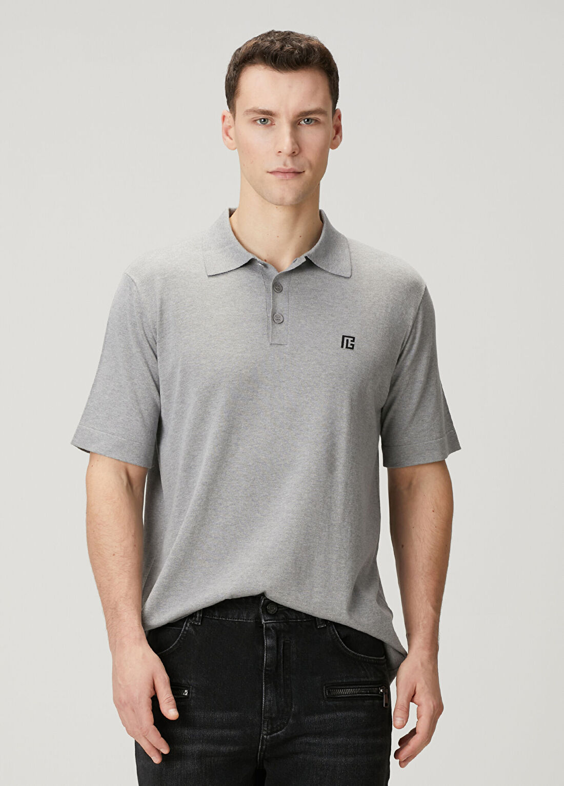 Balmain Gri Polo Yaka Kısa Kollu İpek Triko
