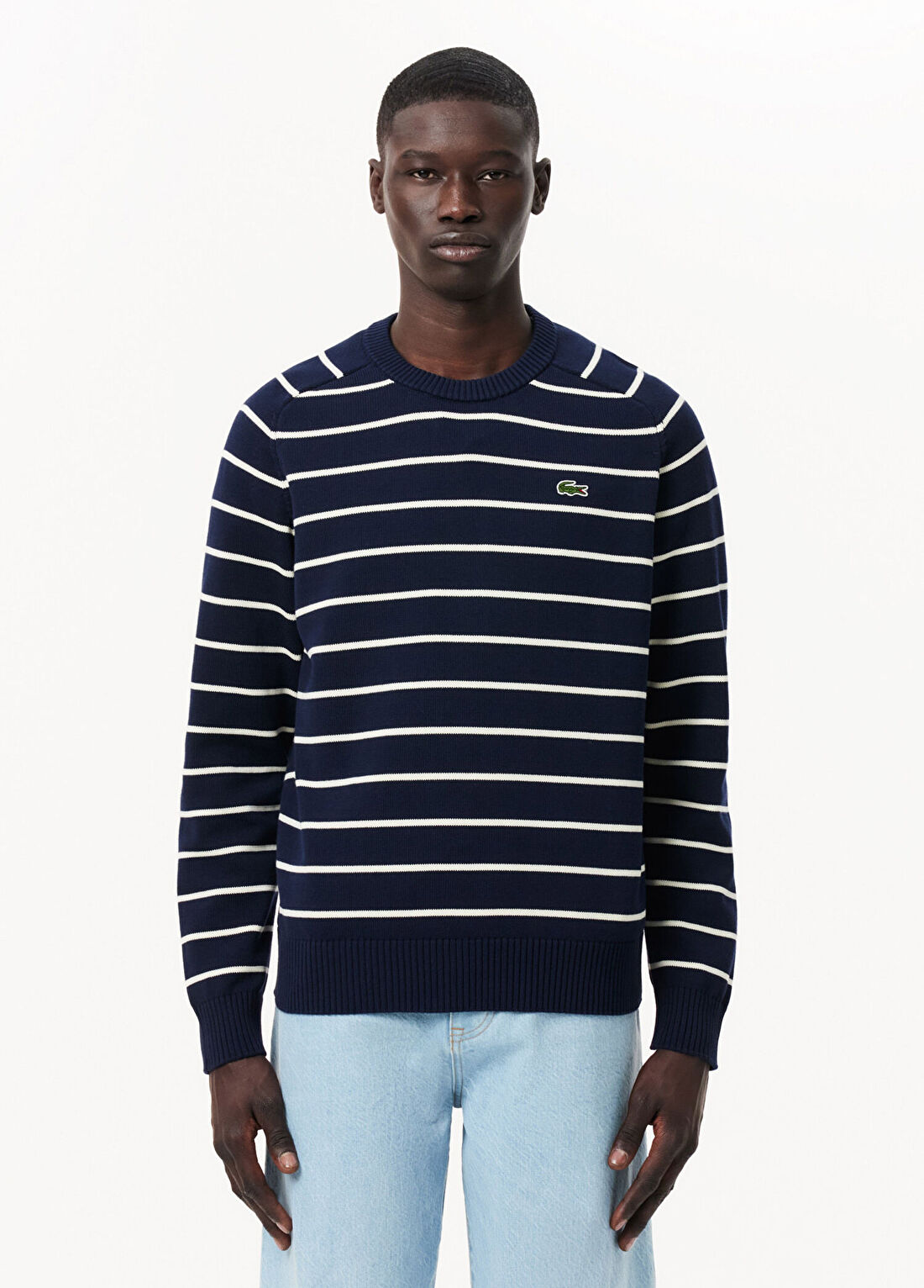 Lacoste Lacivert Regular Fit Bisiklet Yaka Çizgili Erkek Triko