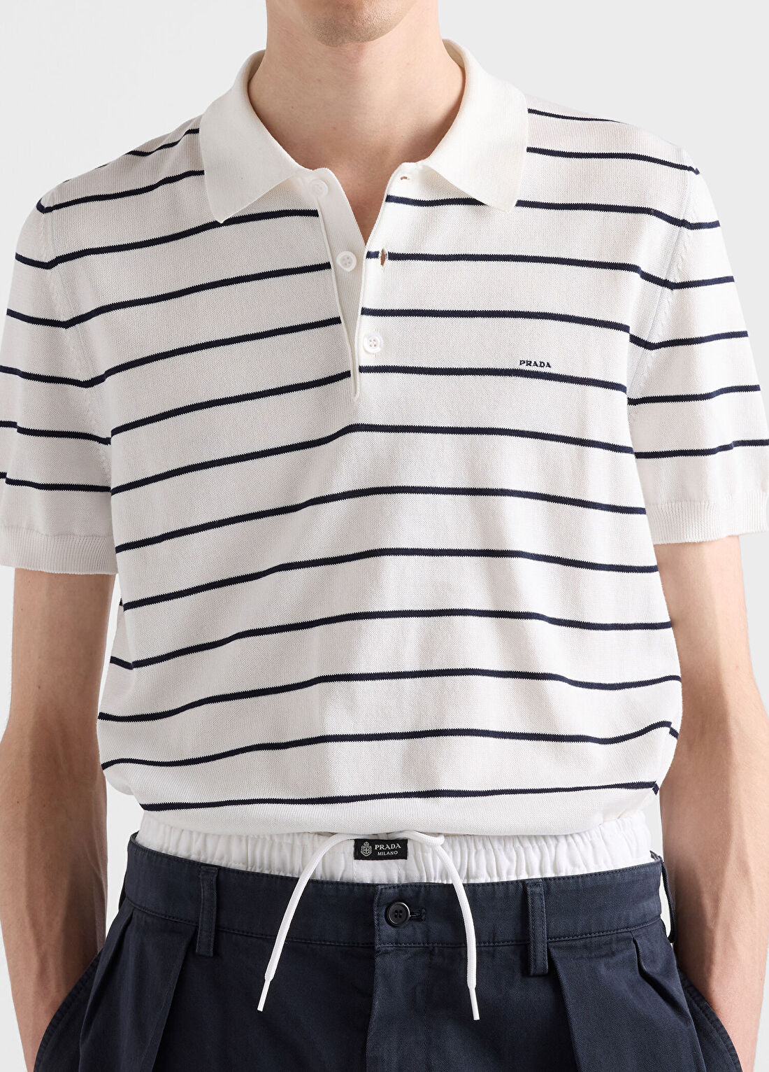 Prada Çizgili Beyaz Polo Yaka Kısa Kollu Erkek T-shirt görsel 4