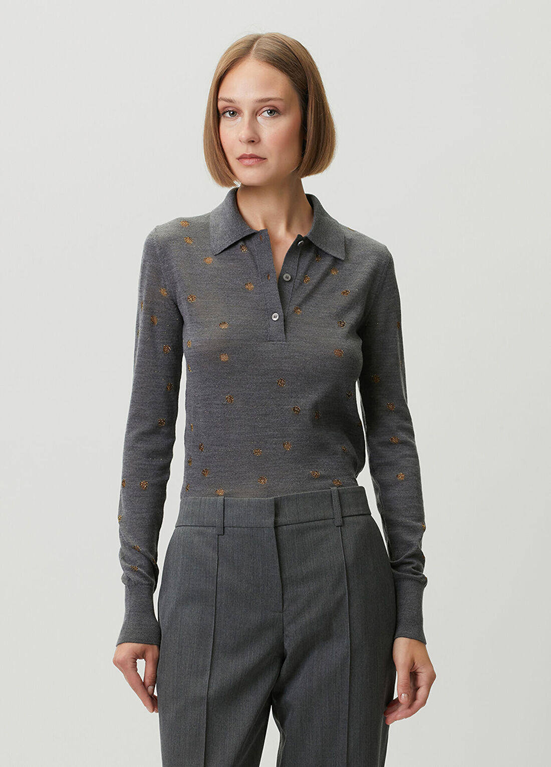 Stella McCartney Gri Puantiyeli Yün Polo Triko