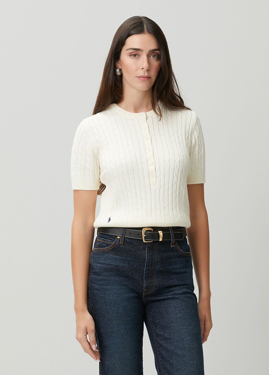 Polo Ralph Lauren Krem Kısa Kol Saç Örgü Triko
