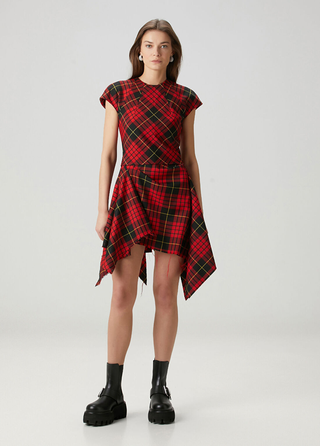 McQueen Kırmızı Siyah Asimetrik Mini Elbise