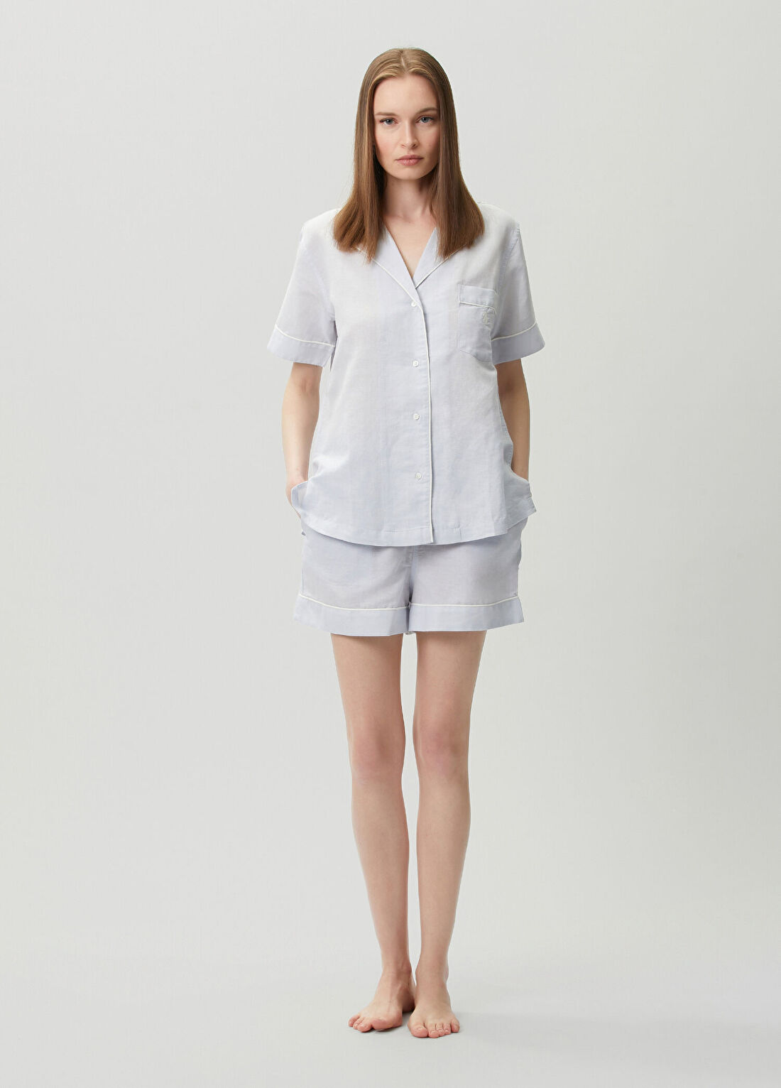Polo Ralph Lauren-Lingerie Açık Mavi Keten Pijama Takımı