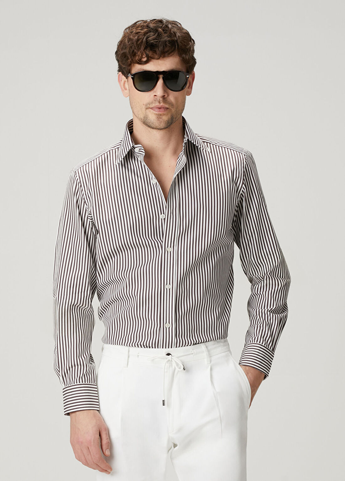 Tom Ford Slim Fit Kahverengi Çizgi Desenli Gömlek